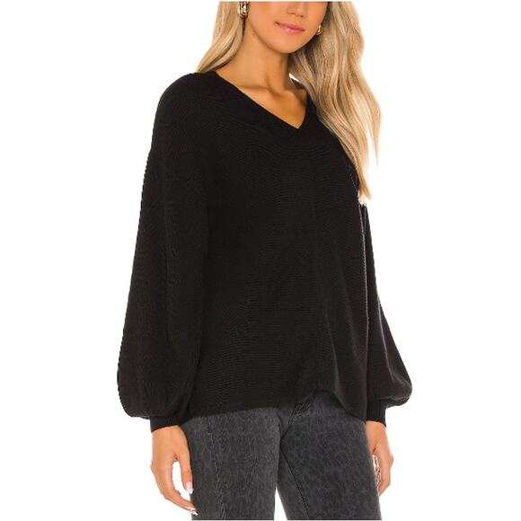 NWT 1.STATE REVOLVE Women's Black Ribbed V Neck Balloon Sleeve Sweater Size L - Picture 2 of 8